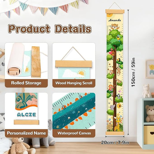 Personalized Wooden Painted Trees and Animals Hanging Canvas Height Ruler, Height Growth Chart for Baby, Kids Measuring Chart for Wall, Kids Room Wall Decor, Removable & Waterproof Growth Chart