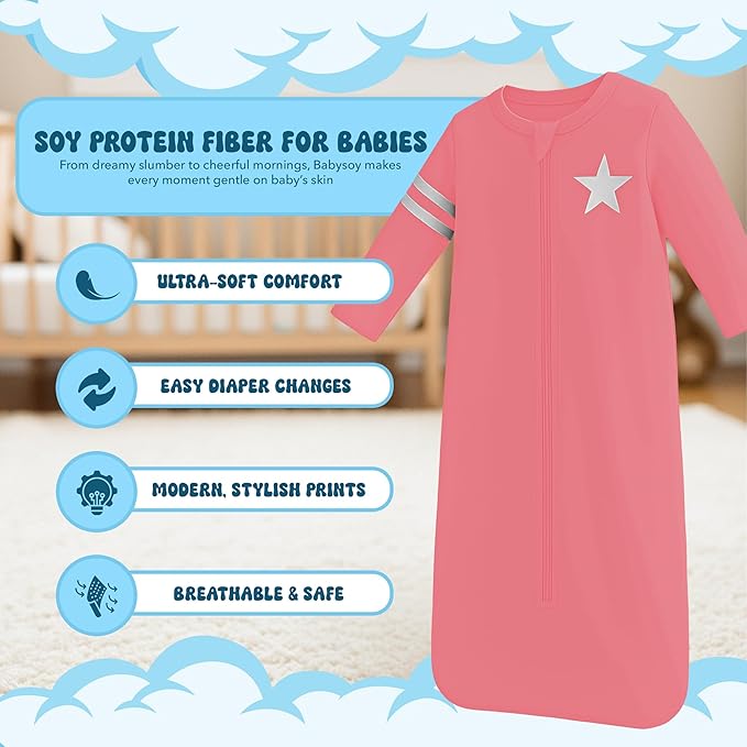 Babysoy Long Sleeve Wearable Blanket Sleep Sack, Infant to Toddler Sleeping Bag, Choose from size 0-24 Months