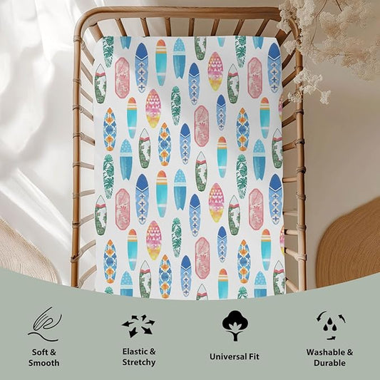 Colorful Surfboards Baby Crib Sheets for Boy Girl 52x28Inch Summer Surfing Soft Stretchy Fitted Crib Mattress Cover Boho Beach Vacation Travel Nursery Baby Sheet for Standard Crib & Toddler Mattress