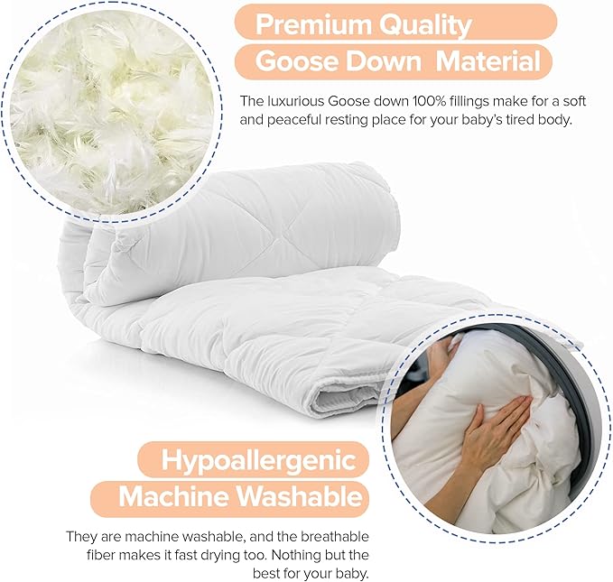 Continental Bedding Toddler Comforter, 100% White Down Duvet Insert, Sleep Blanket with Cotton Shell, Fits Standard Crib, Toddler Bed, 33x42 Inches, White