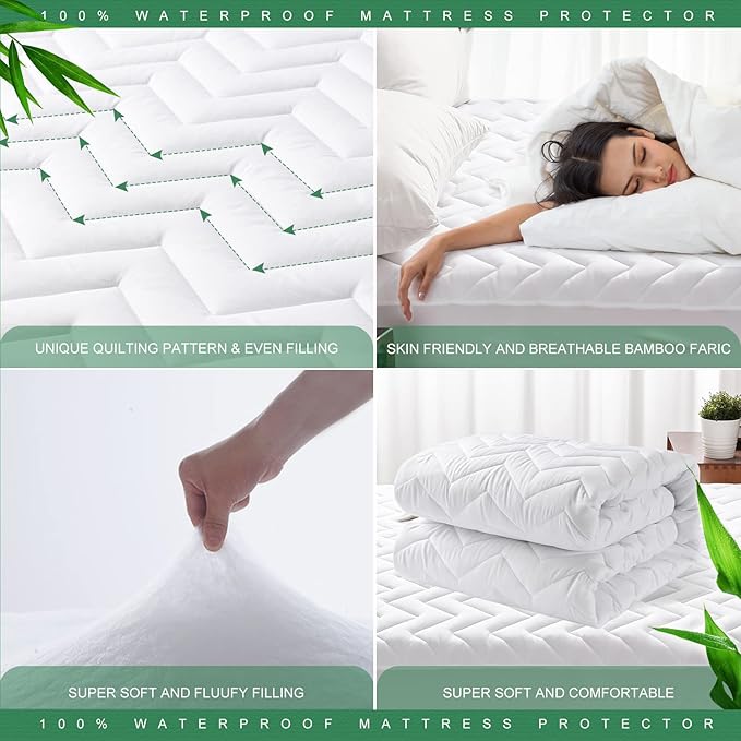 Unilibra Twin Size Waterproof Mattress Pad Rayon Made from Bamboo, Quilted Breathable Mattress Protector, 6''-19'' Deep Pocket Fitted Mattress Cover White