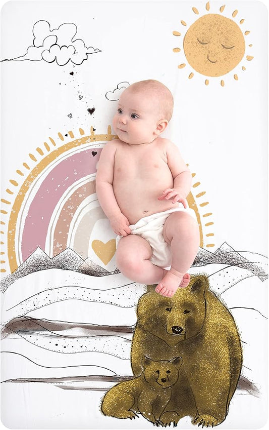 JumpOff Jo - Fitted Mini Crib Sheet for Portable Crib, Playard, and Playpen Mattresses and Mats, Super Soft 100% Cotton, 24 in. x 38 in. - Rainbow Bears