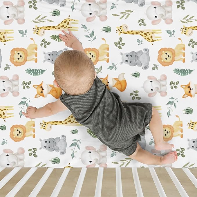 Safari Animals Baby Crib Sheets for Boy Girl 28"x52" Lion Giraffe Elephant Hippo Tropical Leaves Soft Snug Fitted Crib Mattress Cover Zoo Jungle Nursery Baby Sheet for Crib & Toddler Bed Mattress