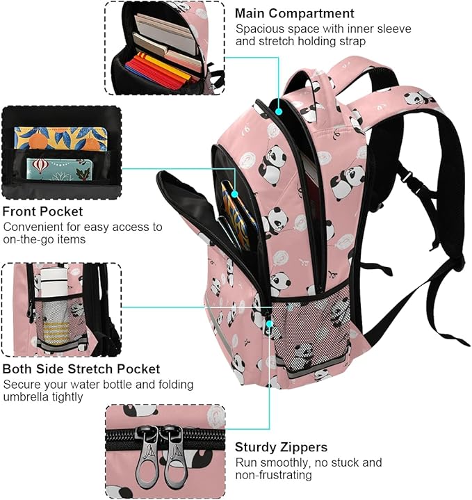 MNSRUU School Backpack with Chest Strap, Cute Panda Bears Balloons Laptop Backpack, Travel Hiking Backpack for Boys Girls, Rucksack, Knapsack One Size