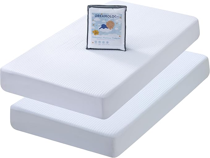 Dreamology Mini Crib Mattress Protector, 2 Pack, Mini Mattress Protector for Baby Girl and Baby Boy, Soft, Quilted Crib Mattress Pad Cover, Waterproof for Mini Mattress, 38x24 (White)