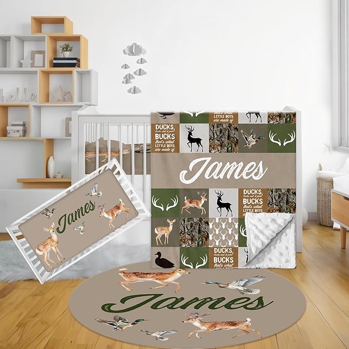 Personalized Crib Bedding Set - 3 Pcs Custom Name Baby Bedding Set for Nursery, Cool Double Layer Baby Crib Set for Boys Girls, Customized Gifts for Toddler Infant New Parents, Woodland Deer