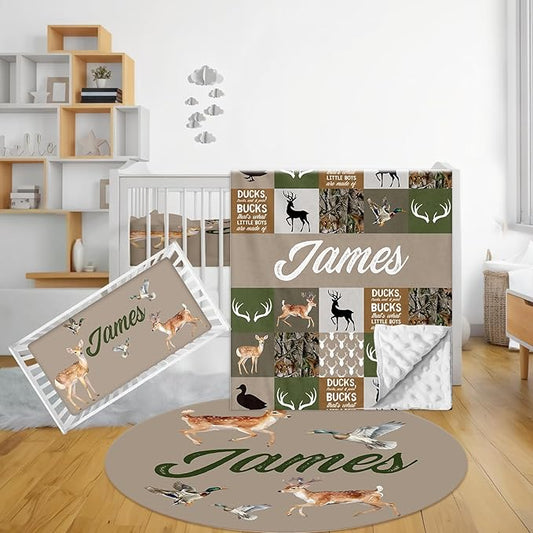 Personalized Crib Bedding Set - 3 Pcs Custom Name Baby Bedding Set for Nursery, Cool Double Layer Baby Crib Set for Boys Girls, Customized Gifts for Toddler Infant New Parents, Woodland Deer