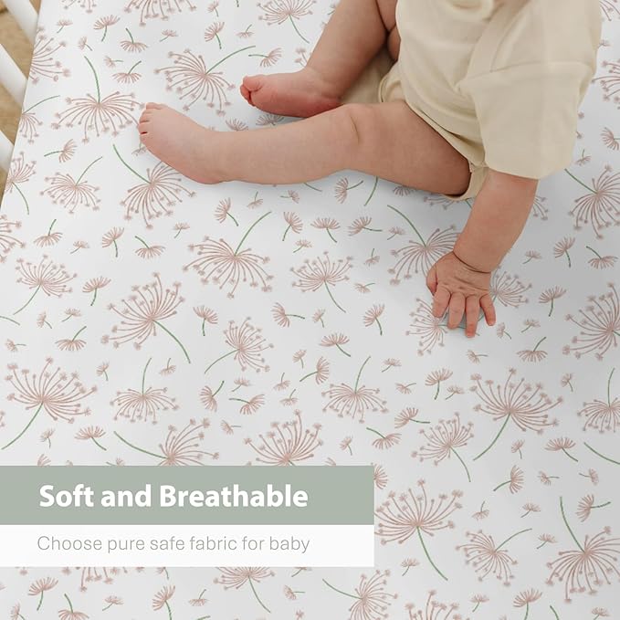 Pink Dandelions Flower Baby Crib Sheets for Boy Girl 52x28Inch Nature Neutral Floral Soft Stretchy Fitted Crib Mattress Cover Spring Summer Baby Sheet for Crib and Toddler Bed Mattresses