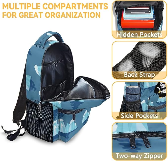 COOPASIA Penguin Backpack with Lunch Box and Pencil Case, 16 Inch Penguin Theme Bookbag with Adjustable Straps, Durable, Lightweight, Large Capacity, School Backpack for Girls Women