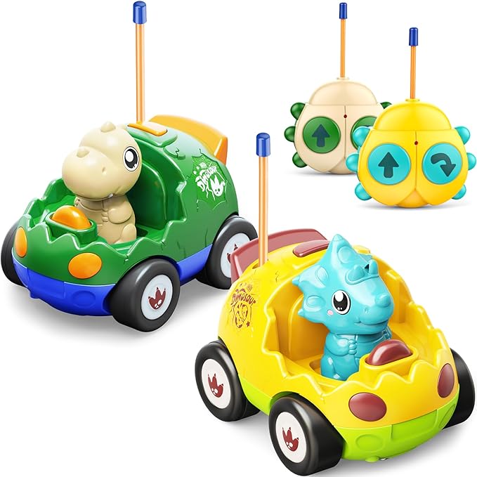 2 Pack Dinosaur Remote Control Cars for Toddlers 2 3 4 5 Years Old - Birthday Gift Ideas for Boys Ages 2-5, Kids Dino Toys RC Vehicle with Lights and Music for Family Fun(Yellow Green)