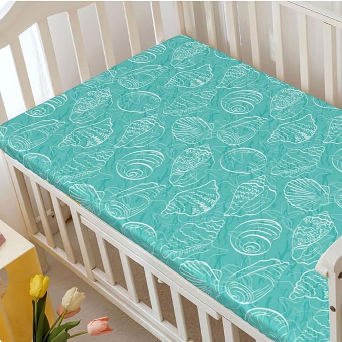 Sea Shells Themed Fitted Mini Crib Sheets,Portable Mini Crib Sheets Ultra Soft Material-Crib Mattress Sheet or Toddler Bed Sheet,24“ x38“,Seafoam White