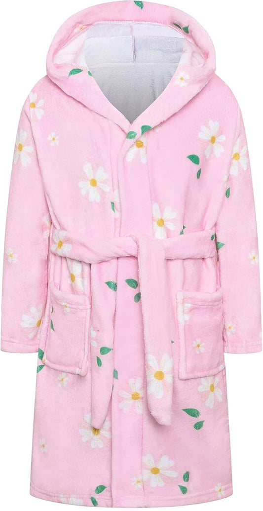 Umeyda Girls Fleece Hooded Robes, Warm Printed Bath Robe for Kids Soft Fuzzy Bathrobe for Gifts