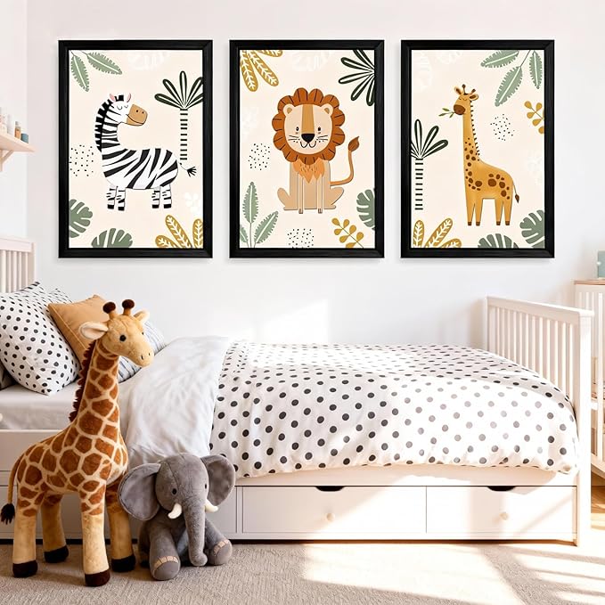 Cute Zebra Lion Giraffe Quote Framed Wall Art Set of 3, 11x16 Boho Educational Animal Wall Sign for Baby Girl Kid Boy Toddlers, Wooden Inspirational Nursery Wall Decor Black