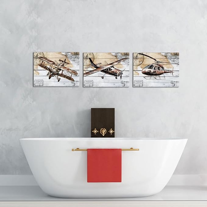 KLVOS Airplane Canvas Wall Art Retro Biplane Propeller Plane Helicopter Picture on Wood Texure Giclee Print Artwork Stretched and Framed Aircraft for Kids Boy Room Wall Decor 12x16inchx3pcs