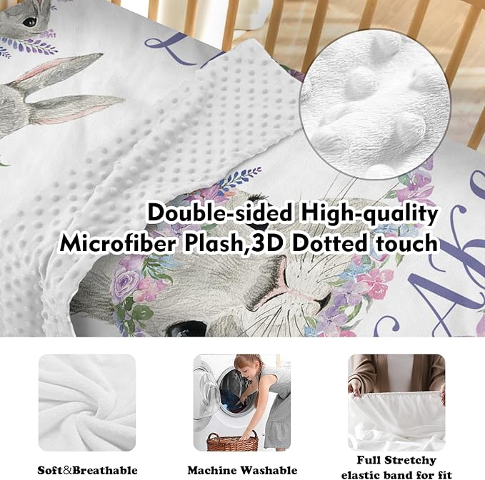 Custom Crib Bedding Set – Personalized Name Bunny Baby Bedding 5-Piece Set with Soft Blanket, Fitted Sheet, Changing Pad Cover, Rug and Wall Art – Adorable Gray Rabbit Nursery Decor for Newborn Girls