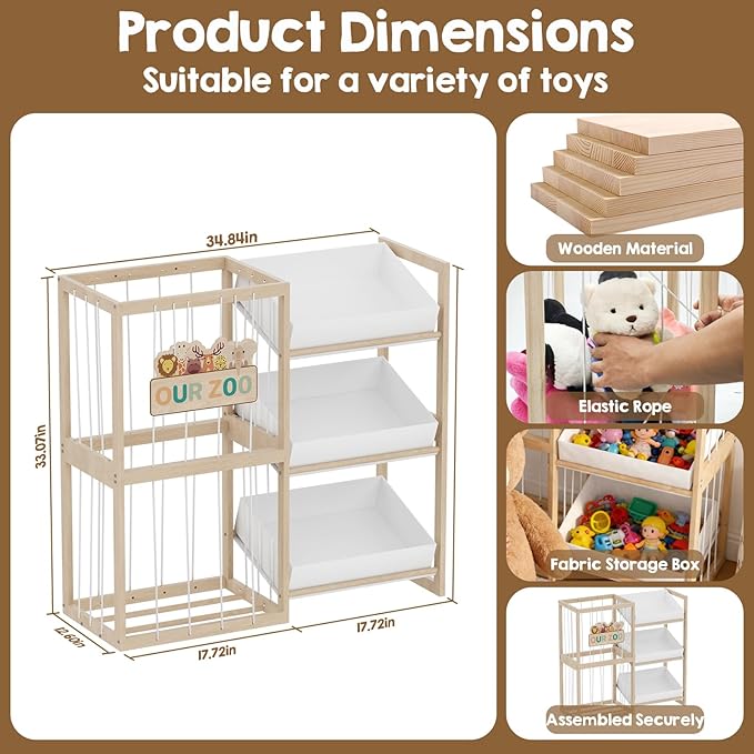 DEMEGA Wooden Toy Storage Organizer with Elastic Bands, Easy to Assemble and Use, Large Capacity Toy Bin Organizer for Nursery Playroom Bedroom, Adorable and Practical Design