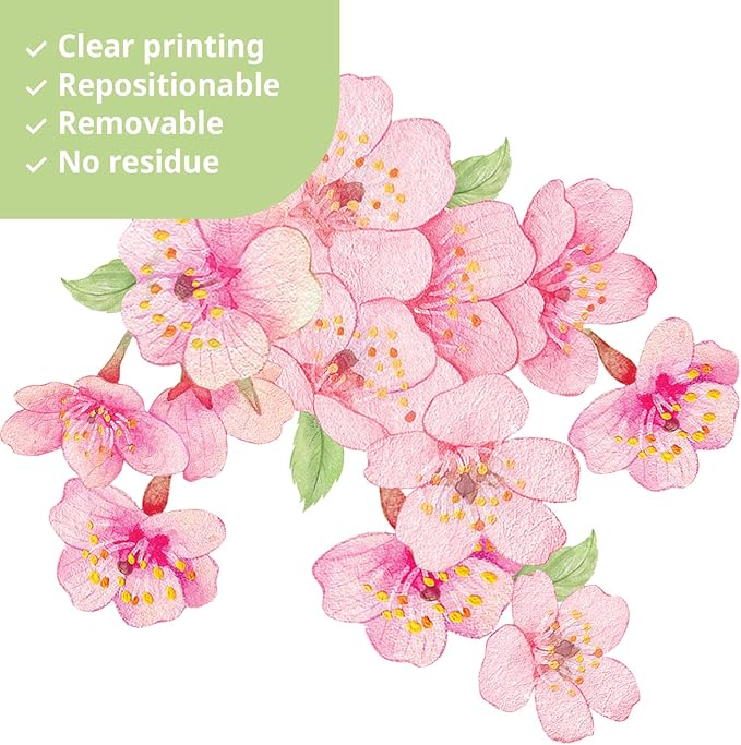 DECOWALL SG3-2320 Cherry Blossom Flower Wall Stickers Decals Branches Birds Butterflies Art Bedroom Floral Flower Girls Home Kids Living Nursery Pink Room Tree Nursery décor Baby