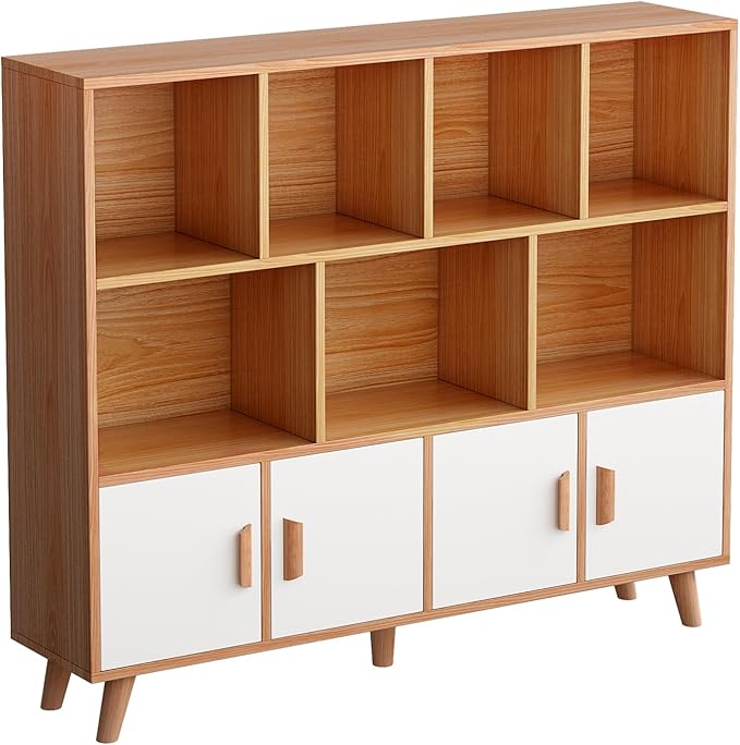OSCHF Cubby Shelf Bookcase with Doors - Wooden 11 Cube Floor Standing Open Bookshelf with Solid Wood Legs, 3-Tier Storage Cabinet, Oak and Warm White