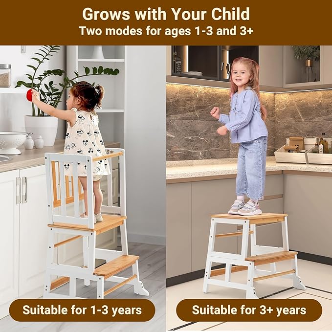 COSYLAND Kids Kitchen Step Stool Helper - Wooden Standing Tower for Kids with Anti-Tip Support Legs (White & Natural)