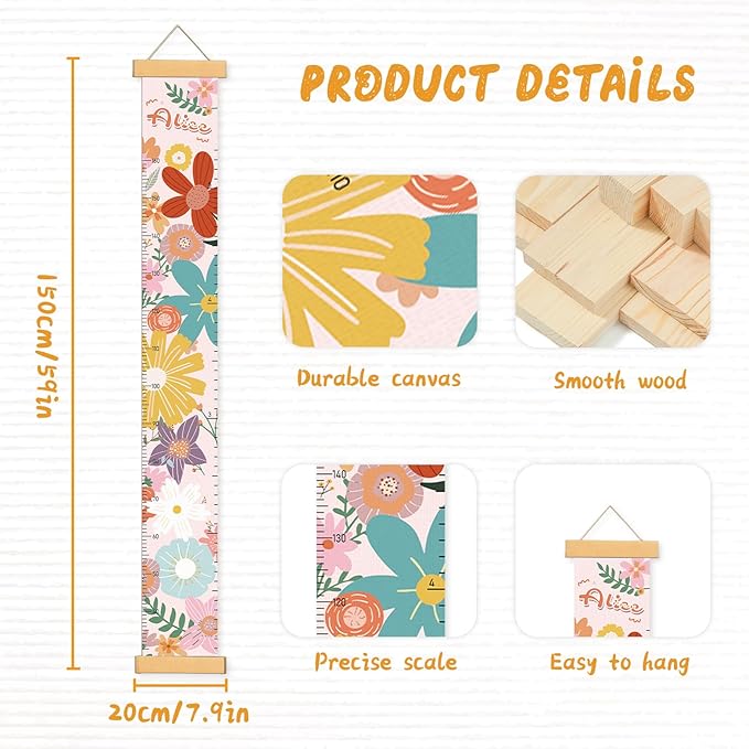 Woodemon Personalized Name Growth Chart for Wall, Painted Flowers Canvas Height Chart for Kids Baby Child Toddler, Canvas Growth Chart for Wall Nursery Decor, Hangable & Waterproof