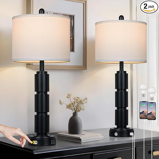 luxeflow Set of 2 Modern Table Lamps for Living Room Bedroom,29" Tall Bedside Lamp with 2 USB Port,Black Metal Touch Nightstand Lamp for Desk End Side Table Entryway,Black