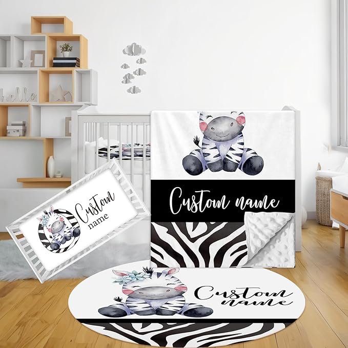 Custom Crib Bedding Set - 3 Pcs Personalized Name Baby Bedding Set for Nursery, Cool Double Layer Baby Crib Set for Boys Girls, Customized Gifts for Infant Toddler New Parents, Striped Zebra