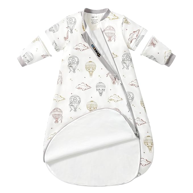 Baby Sleep Sack 12–18 Months, Cotton Sleep Sack with Detachable Long Sleeves, 1.0 TOG Wearable Blanket for Cooler Nights, 2-Way Zipper Toddler Sleeping Sack with Temperature Strip, Hot Air Balloon