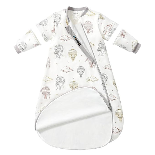 Baby Sleep Sack 18–24 Months, Cotton Sleep Sack with Detachable Long Sleeves, 1.0 TOG Wearable Blanket for Cooler Nights, 2-Way Zipper Toddler Sleeping Sack with Temperature Strip, Hot Air Balloon