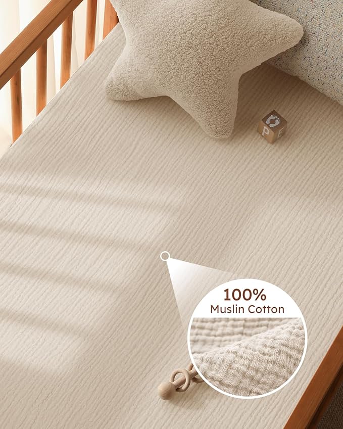 Muslin Pack and Play Sheets Fitted, 100% Cotton Mini Crib Sheets 2 Pack for Pack N Play Mattress, Stretchy Playard Sheet, Soft and Breathable Beige & Khaki