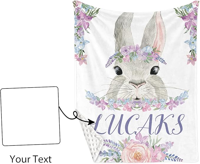 Custom Crib Bedding Set – Personalized Name Bunny Baby Bedding 5-Piece Set with Soft Blanket, Fitted Sheet, Changing Pad Cover, Rug and Wall Art – Adorable Gray Rabbit Nursery Decor for Newborn Girls