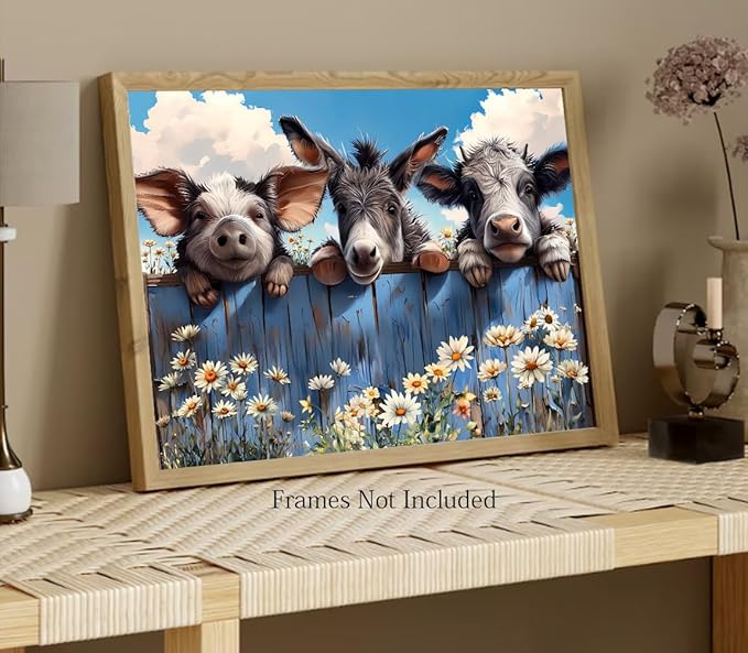 LNLAGBO Farm Animals Canvas Wall Art,Funny Farm Animals Bathroom Decor,Rustic Farmhouse Donkey Pig and Baby Cow Looking Over Fence Canvas Print for Bedroom Living Room Kitchen(11''x14''Unframed)