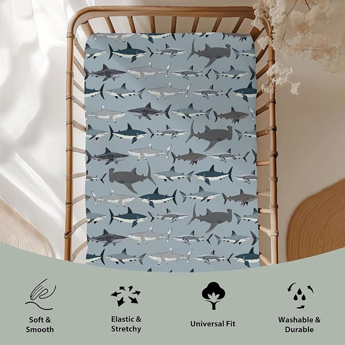 Sharks Boho Neutral Baby Crib Sheets for Boy Girl 52"x28" Sea Shark Species Soft Snug Fitted Crib Mattress Cover Marine Ocean Shark Lover Gifts Baby Sheet for Standard Crib and Toddler Bed Mattress