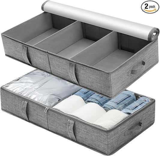 Gurajo 2 Packs Under Bed Storage Containers, Foldable Clothes Draw Organizers with Adjustable Dividers, Handles, Clear Window, Closet Storage Bins for Clothing, Shoes, Blankets