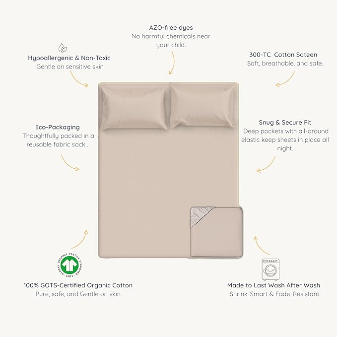 MakeMake Organics Organic Full Fitted Sheet Set GOTS Certified Organic Cotton Fitted Sheet with 2 Pillowcase Ultra Soft Non Toxic Breathable Hypoallergenic Colorful Neutral (Full, Solid Pecan)