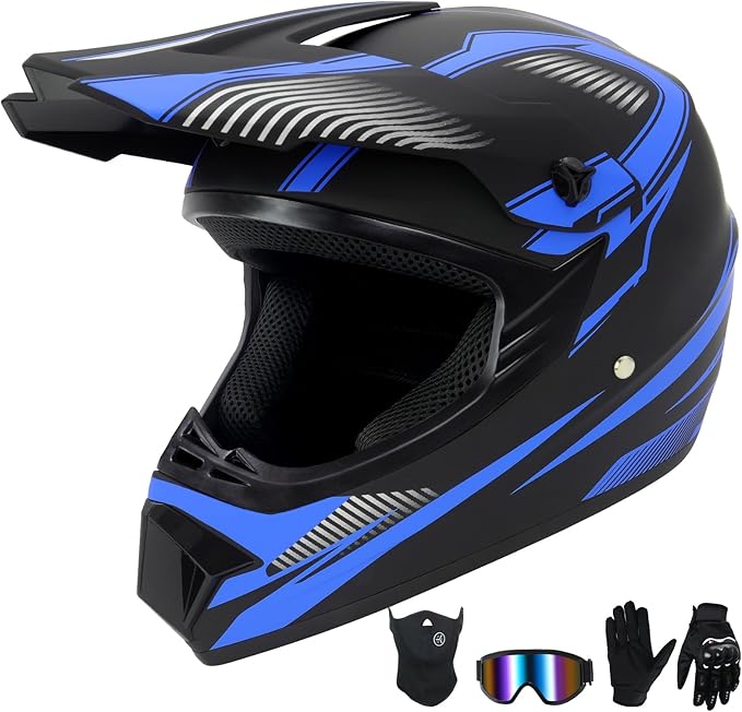 Youth Dirt Bike Helmet,Kids Motocross Full Face Helmets,Mountain Bike BMX MX ATV Boys Motorcycle Helmet for Kids 8-14 with(Goggles,Gloves,Mask) 4-Pcs Set,DOT Approved(Blue,L)