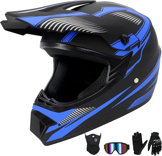 Youth Dirt Bike Helmet,Kids Motocross Full Face Helmets,Mountain Bike BMX MX ATV Boys Motorcycle Helmet for Kids 8-14 with(Goggles,Gloves,Mask) 4-Pcs Set,DOT Approved(Blue,L)