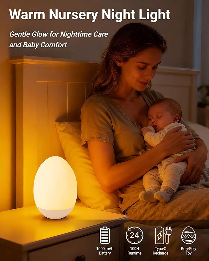 NAWIQI Egg Baby Night Light for Nursery & Breastfeeding – Portable Touch Light with 7 RGB Colors, Stepless Dimming, Rechargeable, BPA-Free Soft Silicone, Compact Lamp for Kids & Newborns