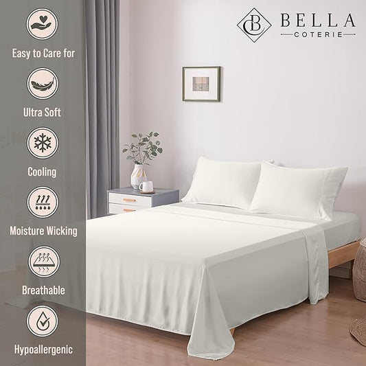 Bella Coterie Luxury Bamboo Viscose Queen Size Flat Sheet | 100% Organically Grown | Ultra Soft | Cooling for Hot Sleepers [Ivory]