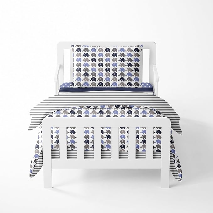 Bacati - Elephants Blue/Grey 4 Pc Toddler Bedding Set 100 Percent Cotton Includes Reversible Comforter, Fitted Sheet, Top Sheet, and Pillow Case for Boys