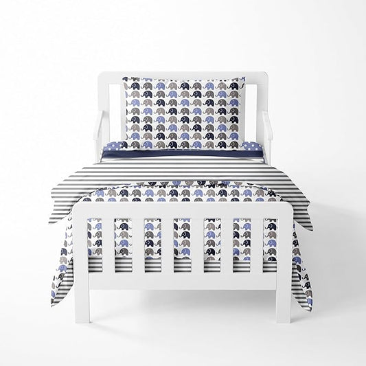 Bacati - Elephants Blue/Grey 4 Pc Toddler Bedding Set 100 Percent Cotton Includes Reversible Comforter, Fitted Sheet, Top Sheet, and Pillow Case for Boys