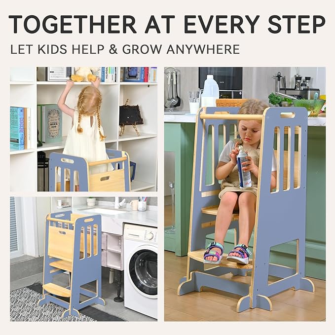 WINGYZ Toddler Tower – Adjustable Step Stool Helper for Kids 18M–6Y, Kitchen Learning Stool with Safety Rail, 3-Height Adjustable, Sliding Door, Full Support Foot, Wooden Updated Design, Light Blue