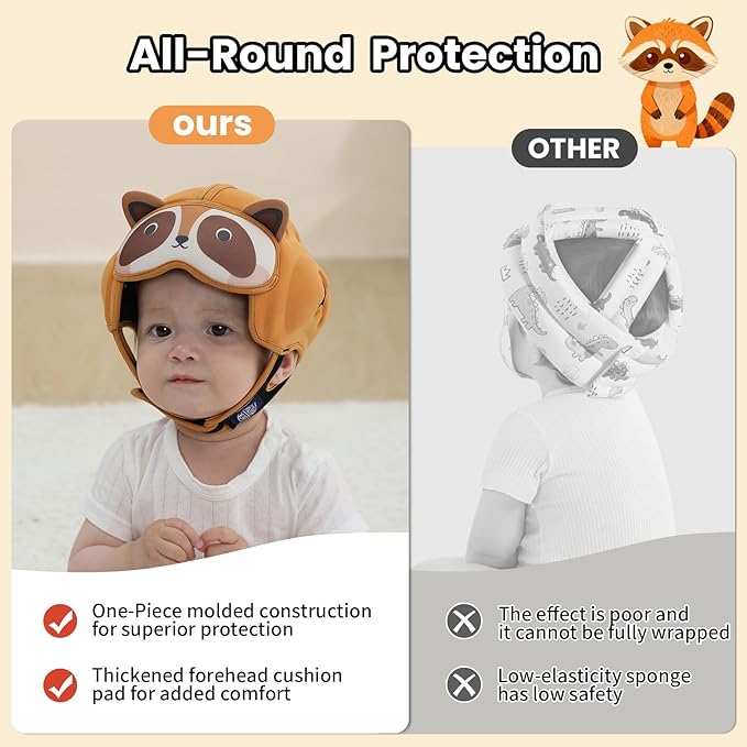 MAMBOBABY Baby Safety Helmet for Crawling and Walking for 6-24 Months Baby Head Protection - Soft and Adjustable - Lightweight and Comfortable Infant Head Guard-Raccoon