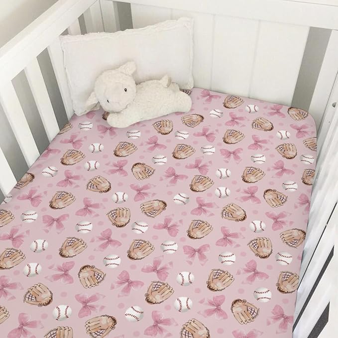 Pastel Pink Baseball Bows Baby Crib Sheets for Boys Girls Watercolor Girly Baseball Soft Snug Fitted Crib Mattress Covers for 52''x28'' Standard Crib & Toddler Mattresses Outdoor Sports Bed Sheets