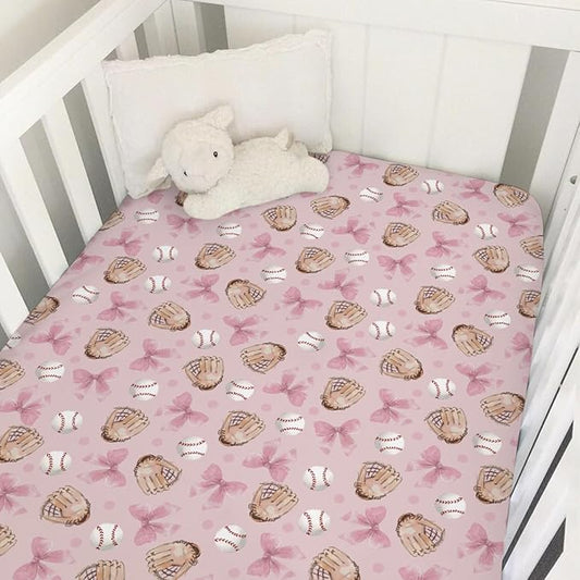 Pastel Pink Baseball Bows Baby Crib Sheets for Boys Girls Watercolor Girly Baseball Soft Snug Fitted Crib Mattress Covers for 52''x28'' Standard Crib & Toddler Mattresses Outdoor Sports Bed Sheets