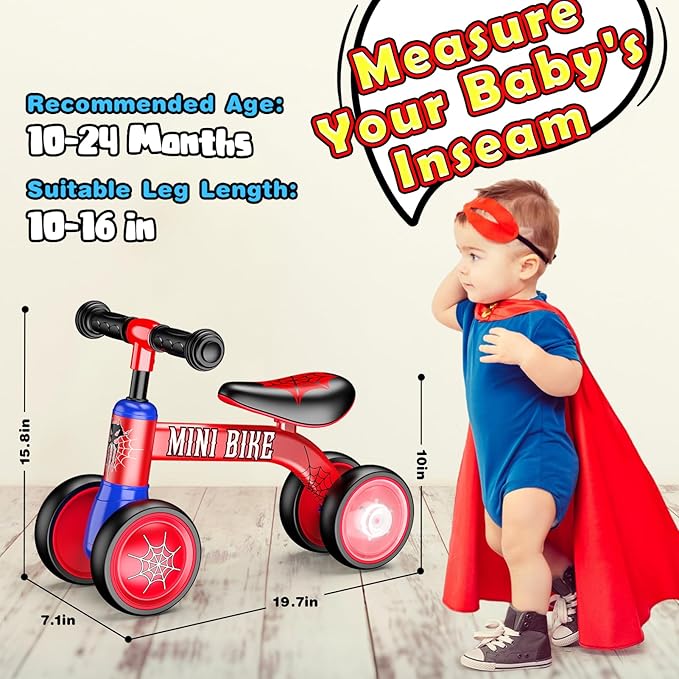 Baby Balance Bike 1 2 Year Old: Spider Baby Bike for 10-24 Month with Light & 4 Wheels Babies Boy Gifts Toddler First Riding on Toys First Christmas Birthday Gift for 1+ Year Old Boy & Girl