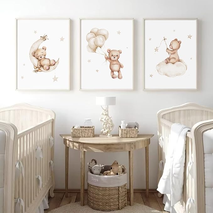 Baccone Bear Nursery Wall Art Decor Set of 3 Teddy Bear Canvas Wall Art Baby Boy Nursery Decor Prints Neutral Pictures Moon Star Cloud Print for Girls Children Room 12x16 Inch Unframed