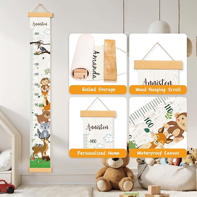 Woodemon Personalized Name Kids Growth Chart Height Measuring Chart, Zoo Kids Growth & Measuring Chart in Inches, Fun & Stylish Height Tracker for Children, Growth Ruler, Hangable&Waterproof