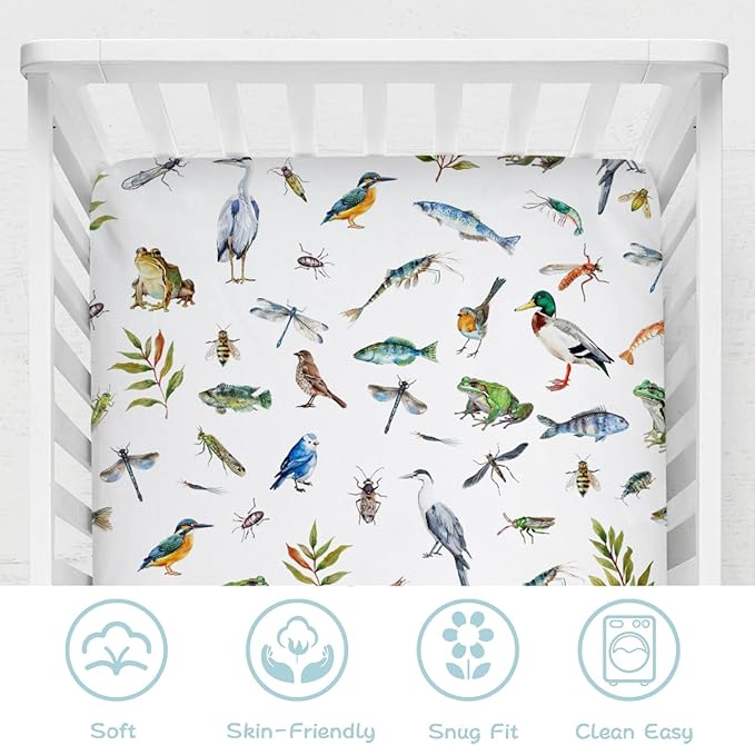 Wildlife Pond Baby Crib Sheets 52''x28'' Wild Animals Frogs Duck Fish Bird Weeds Snug Fitted Crib Mattress Cover for Boy Girl Fishing Hunting Soft Nursery Bed Sheet for Standard Crib Toddler Mattress