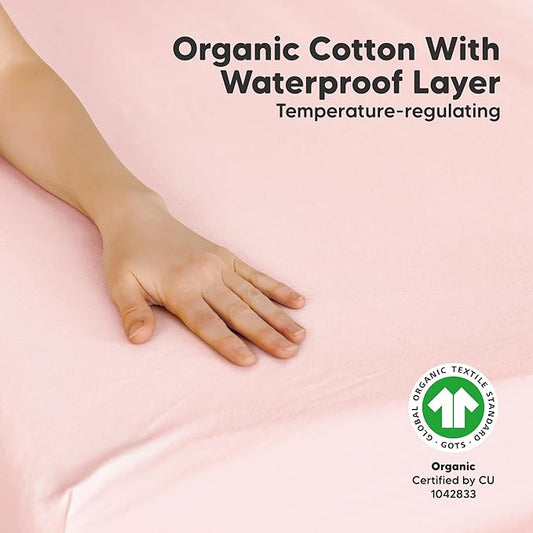 2 Pack and Play Sheets, Waterproof Mini Crib Sheets Fitted - 38x26 Organic Cotton Pack N Play Sheets for Graco Pack and Play Mattress, Playard Baby Crib Sheets,Neutral for Boy,Girl,Toddler(Mist Rose)