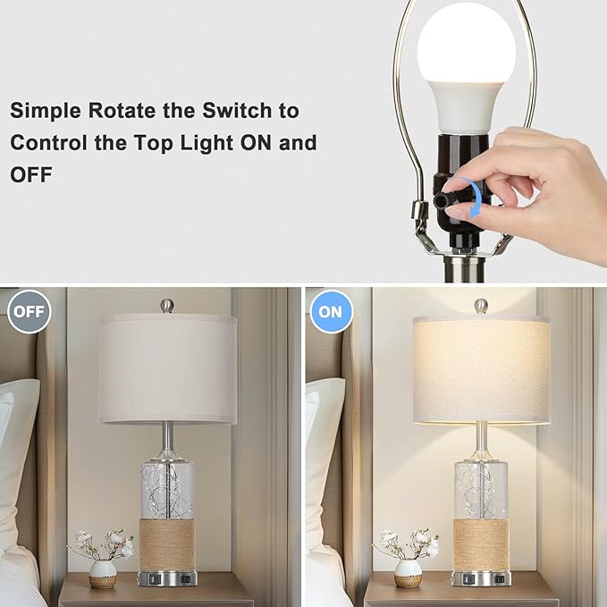 Cinyirong 25" Boho Table Lamps Set of 2, Coastal Glass Bedside Lamps with USB A+C Ports and AC Outlet, Rattan Lamp with Night Light for Nightstand Living Room Bedroom, 2 LED Bulbs Included, Silver